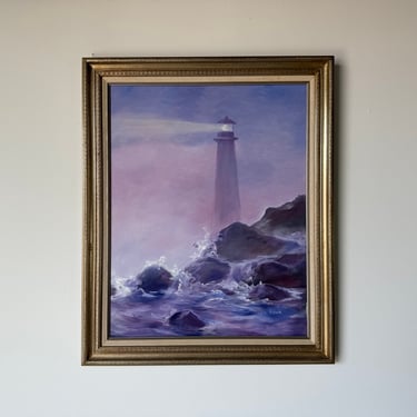1970's Sylvia Hehemann Coastal - Lighthouse Landscape Acrylic on Canvas Painting Framed 