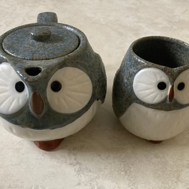 Japanese Pottery Tea Pot & Cup set~ Owl Kitchen Drinkware~ Yunomi Chawan, Gray White Owl Decor~ Stone Charcoal Color ~Japan Mino Ware 