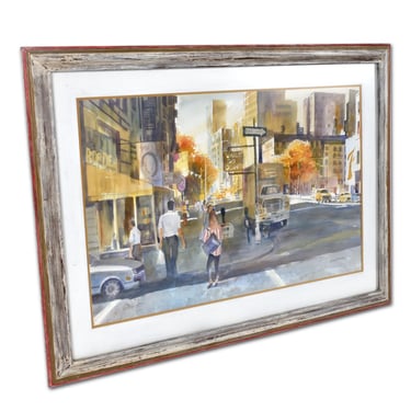 Jim Borden Cityscape Sunset Street Scene Watercolor Painting in Cerused Frame 