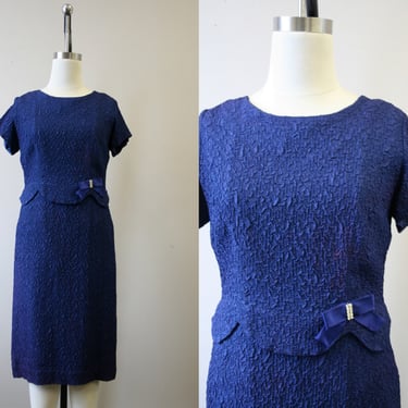 1950s/60s Franklin Simon Blue Crinkled Wiggle Dress 