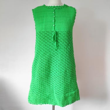 Vintage 1960's Crochet Dress, 60's mini dress, green crochet mini dress, 1960s crochet dress 