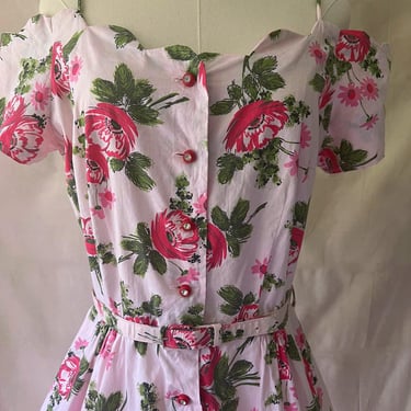 50s Roxanne Adams Pink Cotton Floral Day Dress Size M 