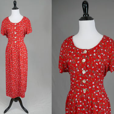 90s Long Red Floral Dress - Romantic White Flowers Blue Green Yellow - Washable Rayon - Liz Baker - Vintage 1990s - L 