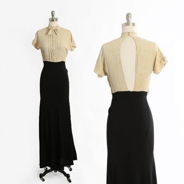 Vintage 40s black + Ivory crepe maxi dress 