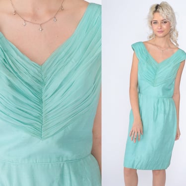 Mint Silk Dress 60s Cocktail Party Mini Aqua High Waisted Sheath A Line Twiggy Evening Chic Formal Sleeveless Vintage 1960s Small S 
