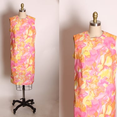 1960s Pink and Yellow Abstract Swirl Sleeveless Shift Dress 
