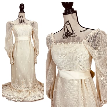 Vintage Lorrie Deb Ivory Satin and Lace Prairie Cottagecore Maxi Wedding Dress S