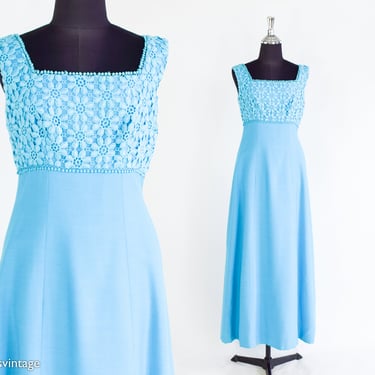 1960s Turquoise Blue Prom Dress | 60s Cotton Flower Lace Top Maxi Dress | XS 