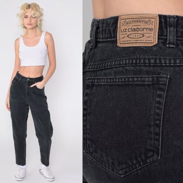 90s Black Jeans Mom Jeans Liz Claiborne Relaxed High Rise Denim Pants Tapered Ankle Retro Vintage 1990s Small Petite 27 Waist 