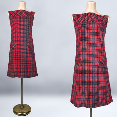 VINTAGE 60s MOD Red Plaid Corduroy Mini Smock Dress | 1960s A-line Scooter Dress | vfg 