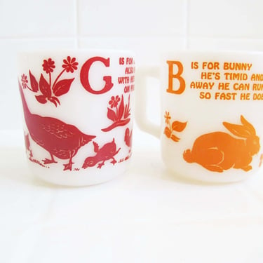 Vintage Hazel Atlas Animal Alphabet Milk Glass Mugs Goose and Bunny Rabbit - 1960s Kawaii Children's Small Cups Red Orange - B and G 