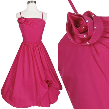 Vintage 80s 50s Pink Spaghetti Strap Party Prom Dress S Small Balloon Bubble Skirt Rosette Rhinestone Full Skirt Calf Length Sleeveless Glam 