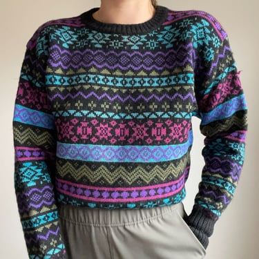 Vintage 80s Womens Meister Colorful 100% Wool Geometric Ski Sweater Sz M 