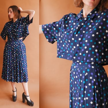 Vintage 80s Polka Dot Two Piece Set/ 1980s Cropped Blouse and Midi Skirt/ Co Ord/ Size Large 