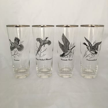 Set of 4 Mid Century Modern Game Birds Sportsman Highball Cocktail Cooler Drinking Glasses, Silver Rim Metallic Platinum Trim 14 OZ Tumbler 