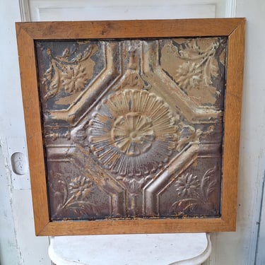 Framed Antique Tin Ceiling Tile with Flower Design, Wall Hanging Antique Stamped Tin in Frame, Decorative Ceiling Tile Wall Art 032507 
