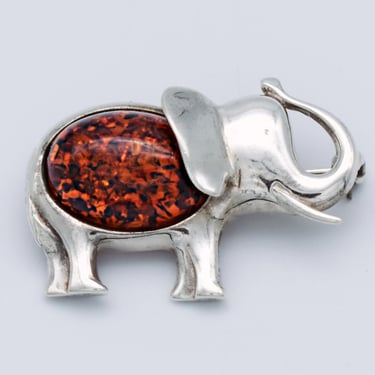 80's red amber sterling lucky elephant brooch, abstract 925 silver spangled amber pachyderm pin 