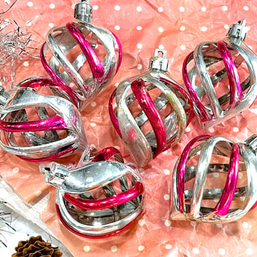 VINTAGE: 6pcs - Large Metallic Plastic Ornaments - Silver and Pink Ornaments - Christmas Decor - Holiday Decor 