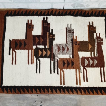 Vintage Hand-Woven Ecuadorian Ecuador Textile Navajo Rug Tapestry Hanging  Camels Llamas 40.5x27.75 