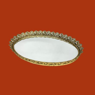 Vintage Mirrored Tray Retro 1980s Hollywood Regency + Gold Metal + Ornate Floral and Bird Design + Oval + Home and Vanity Decor 