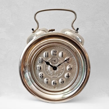 Europe Large Desk Clock 1960s Germany Vintage Chrome Brass Mid Century Design Winding Mechanical 