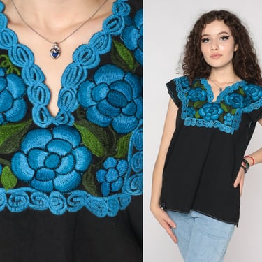 Black Mexican Blouse Embroidered Flower Shirt Hippie Top Floral Shirt Blue Boho Shirt FESTIVAL Tunic Bohemian Vintage Retro Cap Sleeve Small 