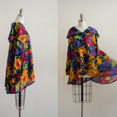 oversized floral cotton tunic | plus size vintage black Indian cotton voile high low smock shirt 