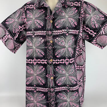 1950's 60's Hawaiian Shirt - ROYAL HAWAIIAN Label - Pink & Black All Cotton - Coconut Buttons - Loop Collar - Patch Pocket - Men's XLARGE 