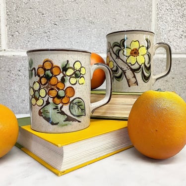 Vintage Mug Set Retro 1980s Bohemian + Handmade Ceramic + Floral Design + Handpainted + Set of 2 + Coffee or Tea + Kitchen Decor + Drinkware 