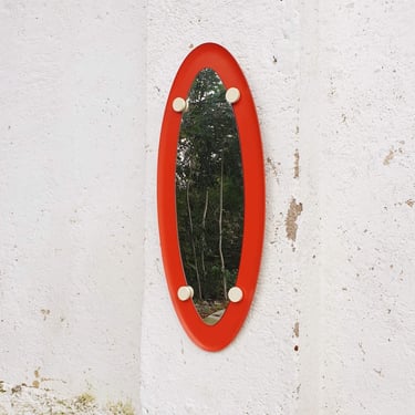 Mid Century Large Wall Mirror / Vintage Italian Orange Oval Mirror / Scandinavian Design / Wood / Campo & Graffi Style / Italy '60s 