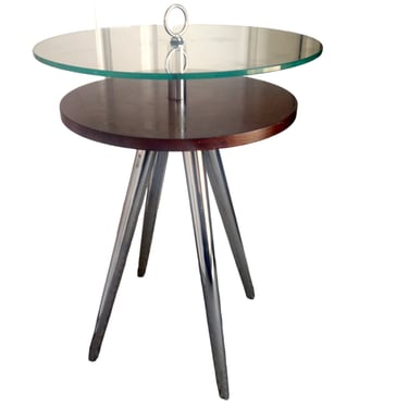 CONTEMPORARY Chrome and Wood Side Table, Glass Top Table, Modern End Table 