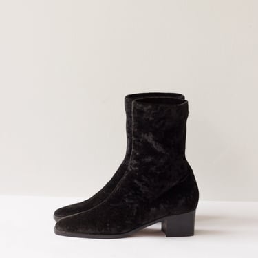 1990s Cole Haan Black Stretch Velvet Pull On Ankle Boots 