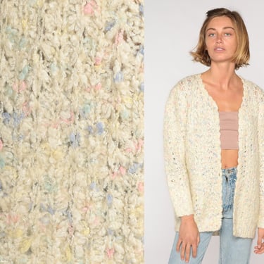 70s Cardigan Sweater Cream Flecked Open Weave Sheer Pastel Sweater Vintage Knit 1970s Open Front Grandma Slouch Medium Large 