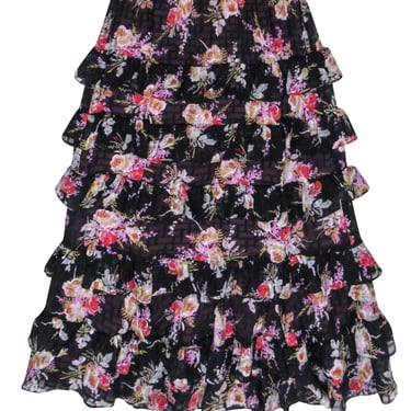 Rebecca Taylor - Black w/ Multicolor Floral Tiered Ruffle Midi Skirt Sz XS