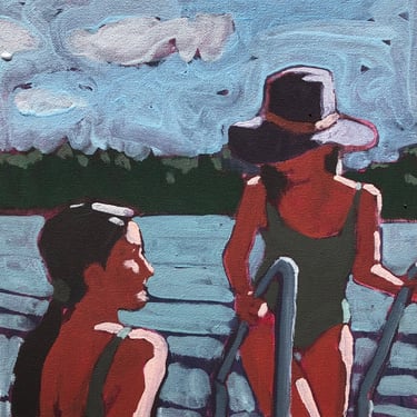 Women on Dock #2, Original Acrylic Painting on Canvas 10" x 10", michael van, summer, fine art, lake, water, gallery wall, woman, small 