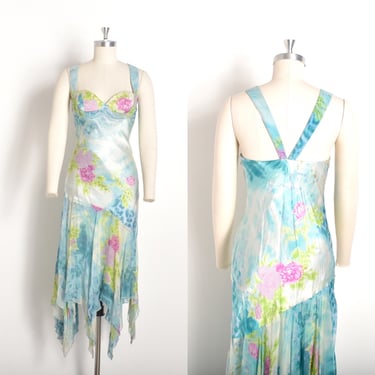 Vintage 2000s Dress / Y2K Diane Freis Silk Floral Bustier Dress / Blue Pink ( small S ) 