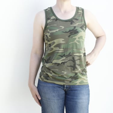 Vintage 90's Camouflage Sleeveless Top - Well Worn - Thin, Faded, Lightweight, Distressed 
