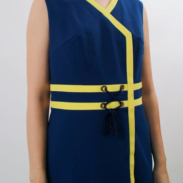 1960s Mod Gogo Dark Blue and Yellow Dress