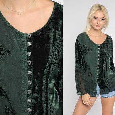 Hippie Blouse Y2K Green Floral Embroidered Top Bohemian Velvet Long Sheer Bell Sleeve Button Up Shirt Festival Summer Vintage 00s Medium M 