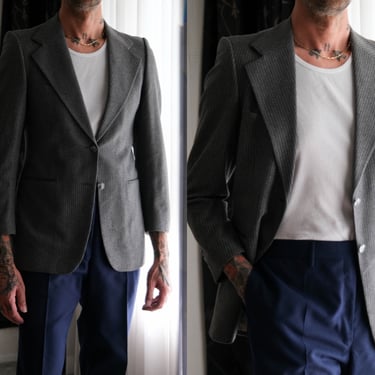 Vintage 70s Yves Saint Laurent Gray Pinstripe Wide Lapel Blazer | Made in France | 100% Wool | 1970s YSL Designer Tailored Mens Suit Jacket 