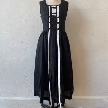 Vintage Sleeveless Linen Black + White Weave Detail Dress Dress M/L