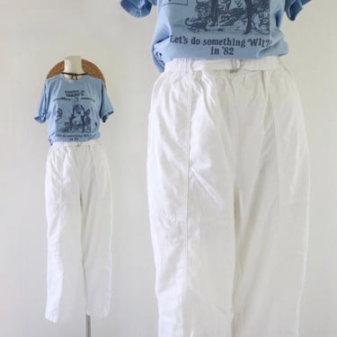 belted blanco trousers 27-34 - vintage 90s y2k white cotton  womens elastic simple comfortable basic minimal pants 