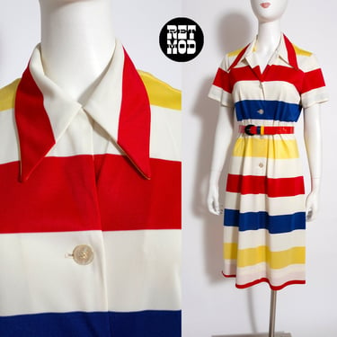 FAB Vintage 60s 70s Red Yellow Blue White Stripe Mod Shirt Dress 