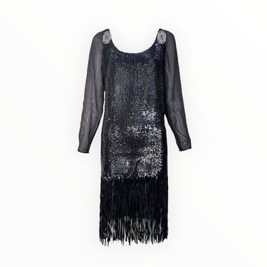 Gianfranco Ferre 1980's Does 1920's Black Sequin Fringe Cocktail Dress with Deco Brooches