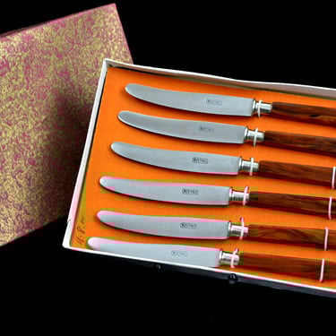Catalin fruit knife set 30s 50s amber honey colors bakelite mid century rockabilly vintage kidney table era retro modern Catalin 