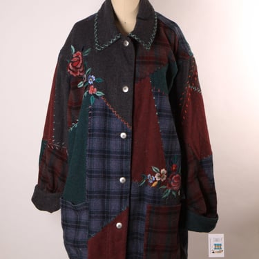 1980s Novelty Blue, Gray and Red Embroidered Floral Patchwork Coat by Together! -2X 