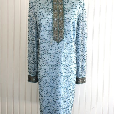 1960s - Beaded - Blue Lace- Cocktail Dress - Sheath - Made in Hong Kong for Calart - Estimated size 12 