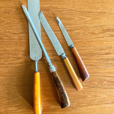 vintage faux tortoiseshell buttescotch handle utensils ALL grapfruit spoon spreader knife honing steel 