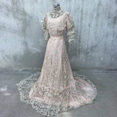 Antique Edwardian Princess Duchess Lace Gown Dress Train Wedding Pogue Vintage