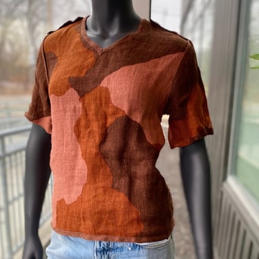 OTTODISANPIETRO Vintage Crochet Back Linen V-Neck Top - Size Medium - Italian Designer 1990s 90s Orange Rust Maroon Salmon Camouflage Knit 